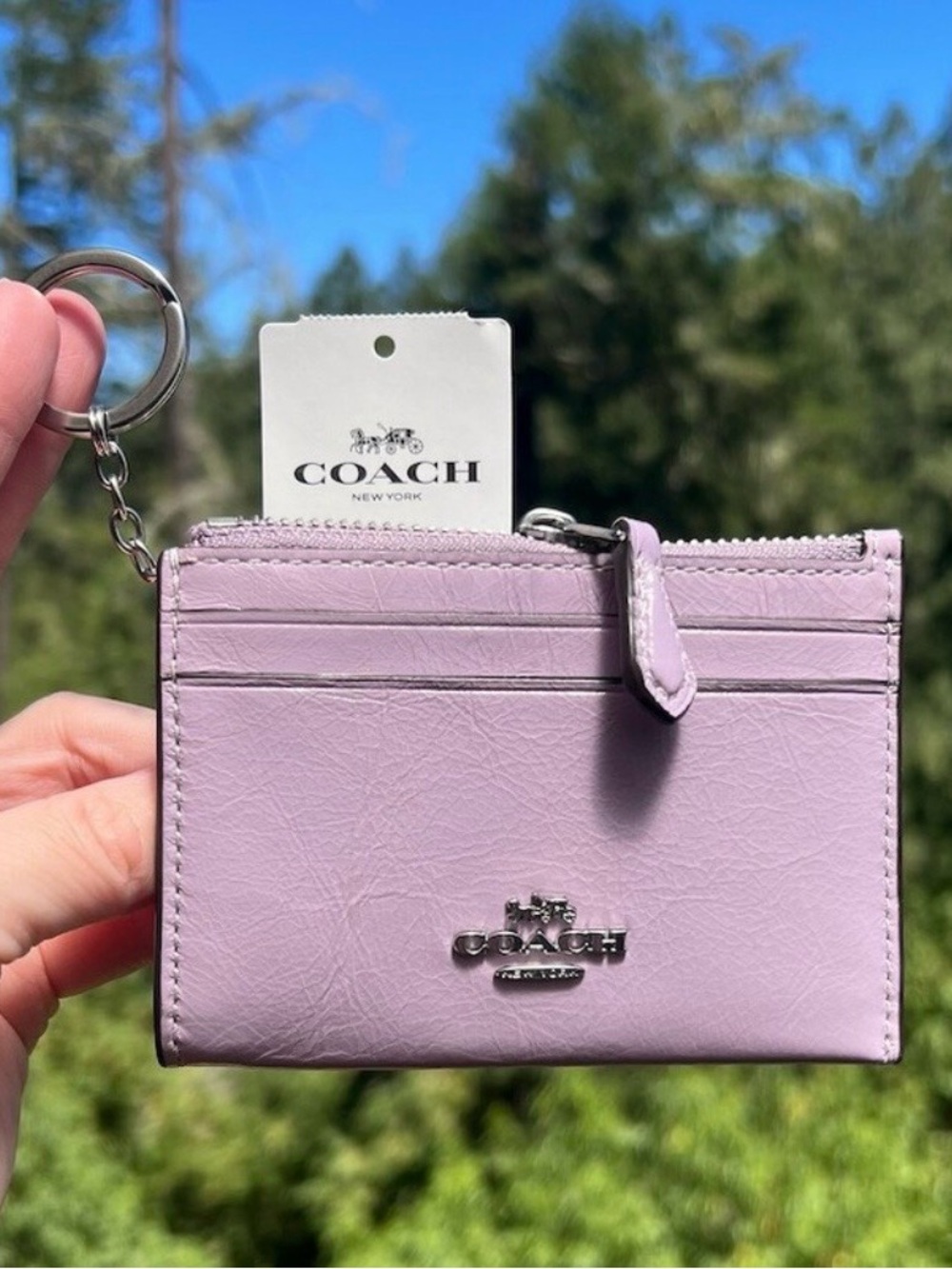 COACH Mini Skinny ID Case Cardholder Keychain Wallet Purple with Silver NWT